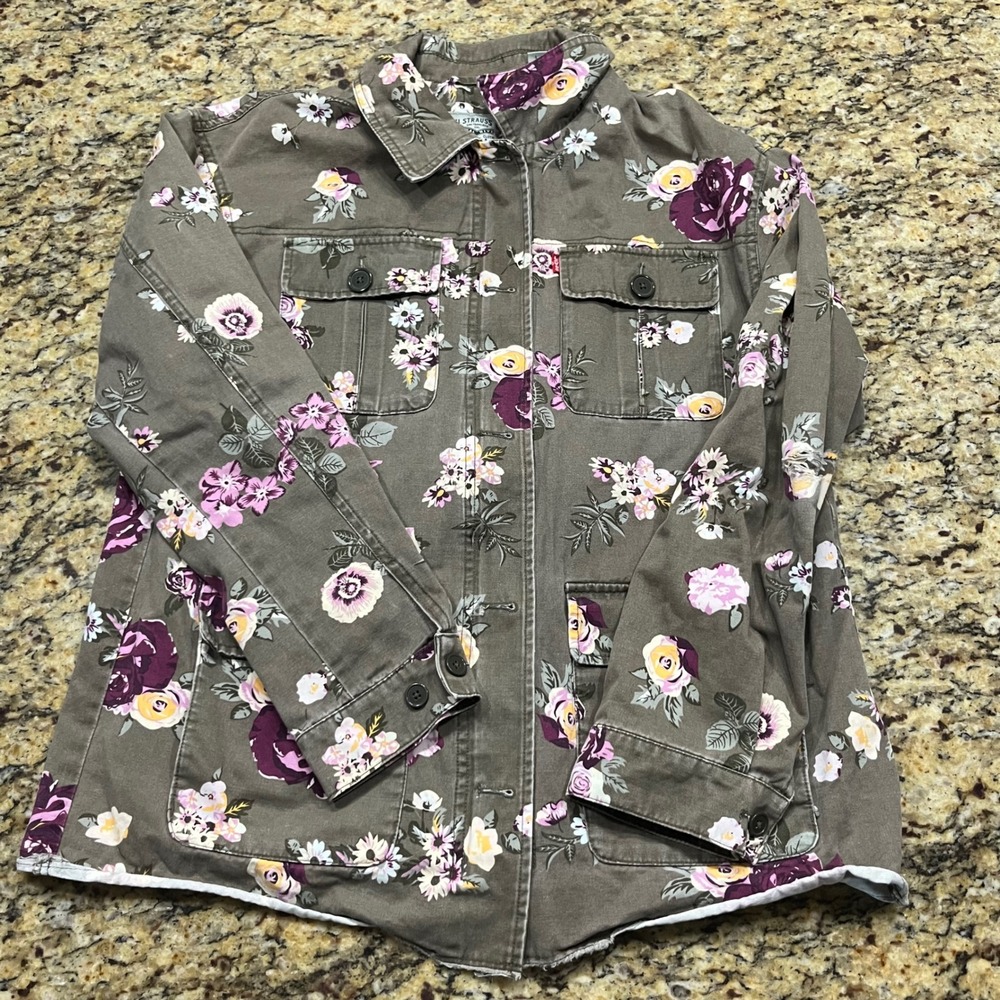 Levi Strauss Women Floral Utility Jacket Olive Green Purple‎ Flower Field Coat L
